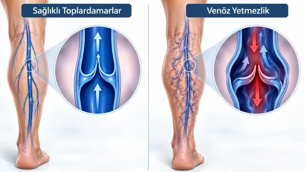 Venöz yetmezlik, toplardamarlarda bulunan kapakçıkların sağlıklı çalışmaması halidir. Görsel de sağlıklı ve venöz yetmezlik hali gösterilmektedir.